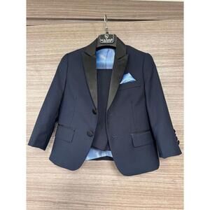 Isaac Mizrahi Boys Navy Tuxedo Suit Jacket & Pants Size 2 Satin Trim Formal Set